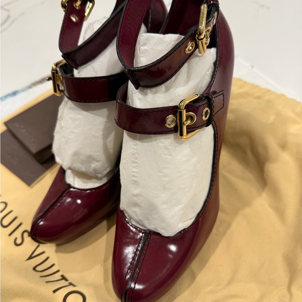 Louis Vuitton Dark Red Heels with Gold Accents - Picture 3 of 5